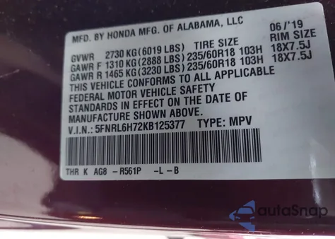 2019 Honda Odyssey Ex-L z USA, uszkodzony, nr VIN 5FNRL6H72KB125377